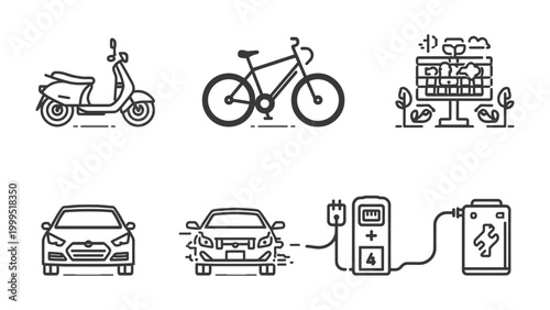 Bilde på lerret Sustainable Transport: A collection of line art icons highlighting eco-friendly transportation methods, promoting a greener future with electric car, solar panel, scooter, bike