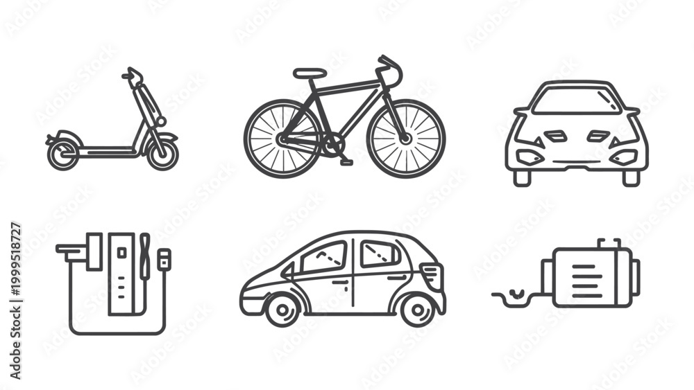 Fototapeta premium Vehicular Icons: An array of transportation icons, including an electric scooter, a bicycle, car, charging station and a concept of transportation.