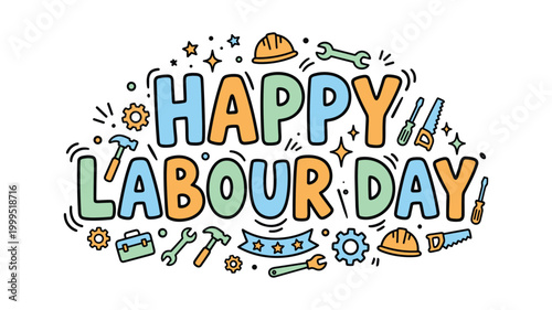 Happy Labour Day Colorful Doodle Wide Banner with Construction Tools Icons on White Background