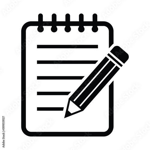 Minimalist notepad icon with pencil, black and white spiral notebook vector, office stationery symbol for writing and note taking
