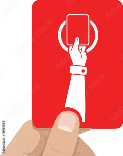 Hand holding red card up, illustration of sports penalty or dismissal symbol.