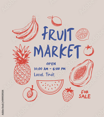 Hand drawn fruit illustration. Mix fruit t- shirt print design. Always fresh fruits graphic print design. Fruit market artwork. poster, Embroidery. summer fruit vector print, Local fruit art.