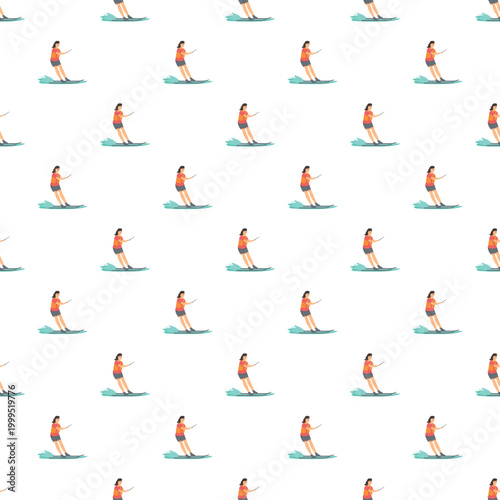 Woman enjoying water ski sport on white background, creating an active repeat pattern