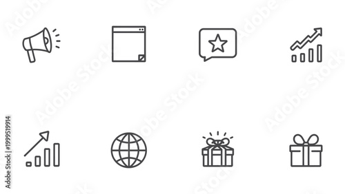 Fotografie Marketing Icons: An array of concise graphic icons, each a singular representation, elegantly depicts core marketing essentials, from announcement, present, growth, web, and more