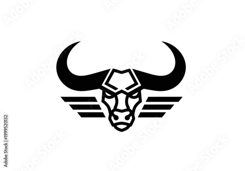 Minimalist bull head logo with large horns and wings