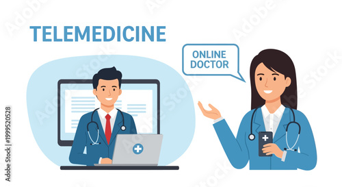 Two doctors communicate through telemedicine on laptop and tablet devices online.