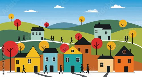 Colorful Suburban Neighborhood Illustration with People Walking on Hills