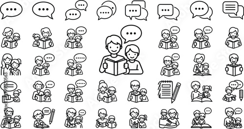 Education icons showcasing parents and children reading books together are displayed in a neat array.