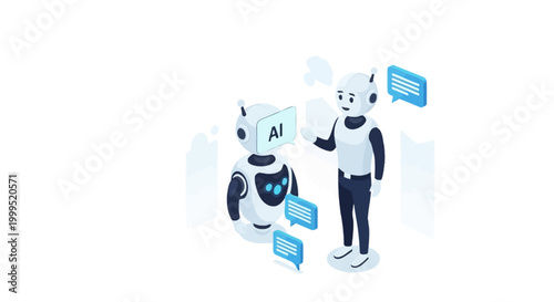 Robot and man discussing AI technology in modern office setting illustration