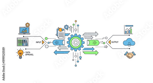 A colorful infographic illustrates the process of data approval and processing through various technological and mechanical elements.