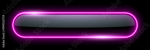Neon glow light rounded rectangle frame. Led rectangular game button. Purple light outline on black with soft luminous effect. Futuristic UI element. Modern colorful geometric vector illustration