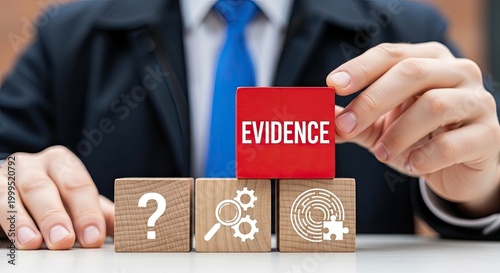 A businessman in a navy suit and blue tie holds a red wooden cube labeled evidence above two blocks displaying symbols on a clear desk inside an office setting.