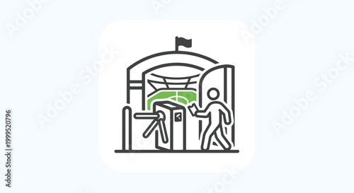 Person passing turnstile at stadium entrance icon showing gate with flag and field.
