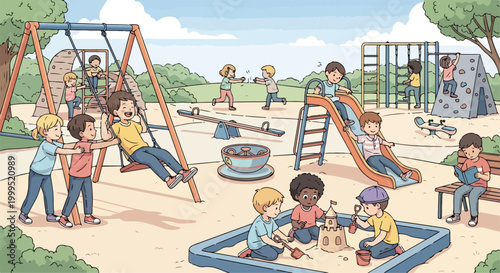 Children Playing in Park Playground Vector Illustration
