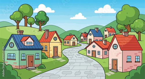 Cartoon Village Landscape with Colorful Houses and Winding Road Vector