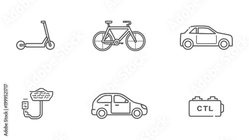 Mobility Icons: A collection of various icons representing the evolution of transportation, from personal mobility to the energy transition.