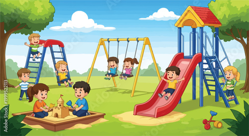 Happy Children Playing Together in Outdoor Park Playground Vector Illustration
