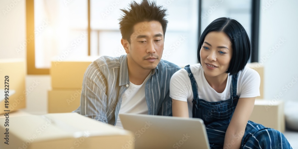 Obraz premium Young asian couple looking at laptop among moving boxes