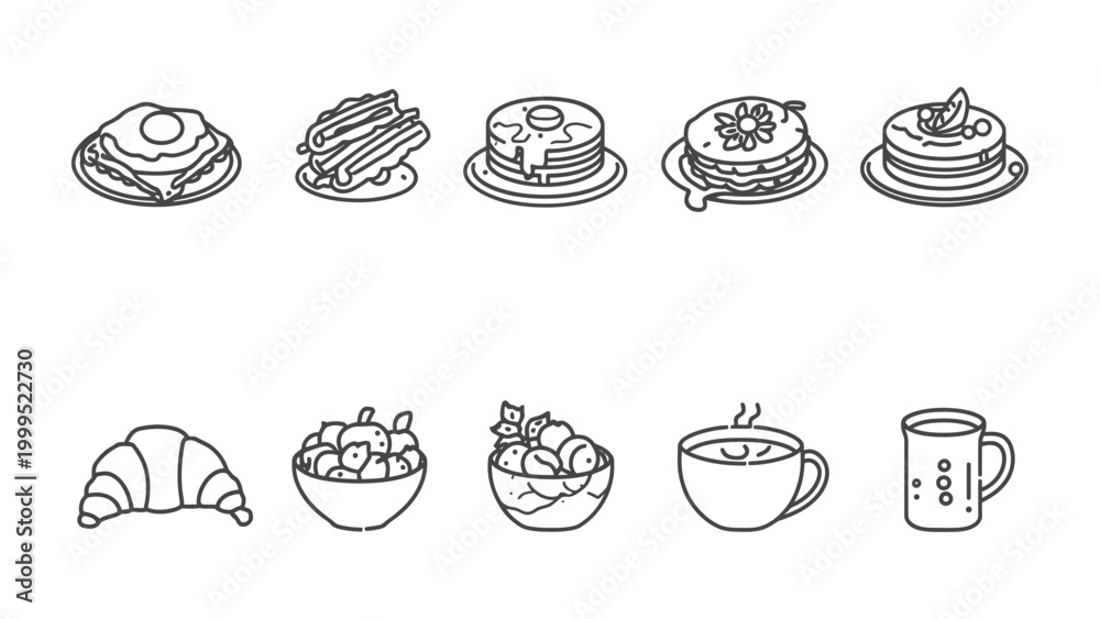 Fototapeta premium Breakfast Feast: An assortment of delectable breakfast delights, from fluffy pancakes and croissants to hearty granola bowls and steaming coffee cups.