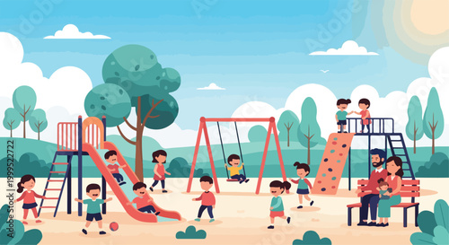 Children Playing in Outdoor Park Playground Vector Illustration