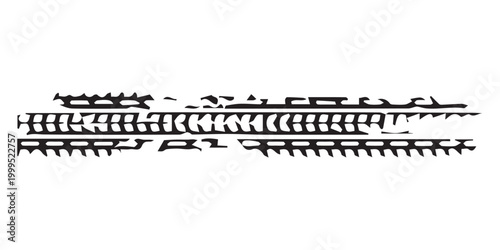 Grunge tire track, wheel braking marks. Truck, car or motorcycle tread pattern silhouette. Auto race, motorsport, speed racing design element. Vector illustration