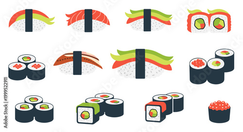 A colorful vector graphic illustration of various sushi rolls on a black background