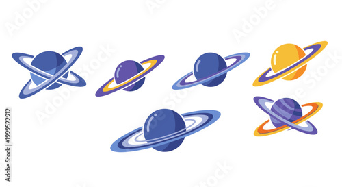 A vector graphic illustration of six planets with rings in space