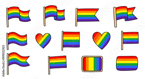 A set of rainbow flags and heart shapes on a black background