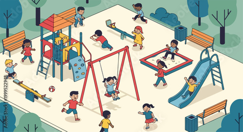 Children Playing in Park Playground Vector Illustration