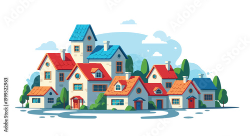 Cartoon Style Neighborhood Vector Illustration with Colorful Houses and Trees