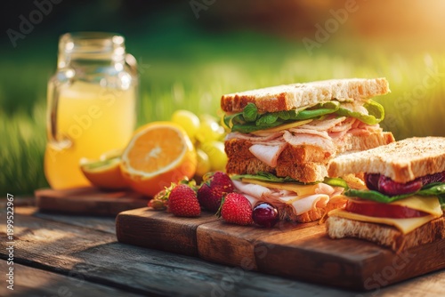 Outdoor picnic table with sandwiches and drinks