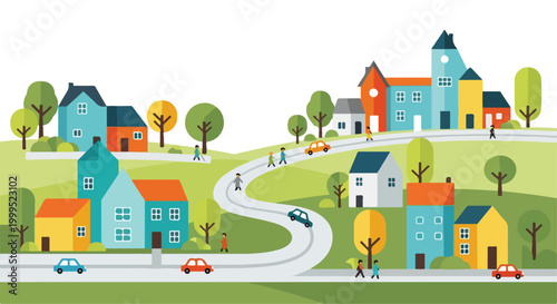 Colorful Flat Design Suburban Neighborhood with Houses, Roads, Cars, and People Vector Illustration