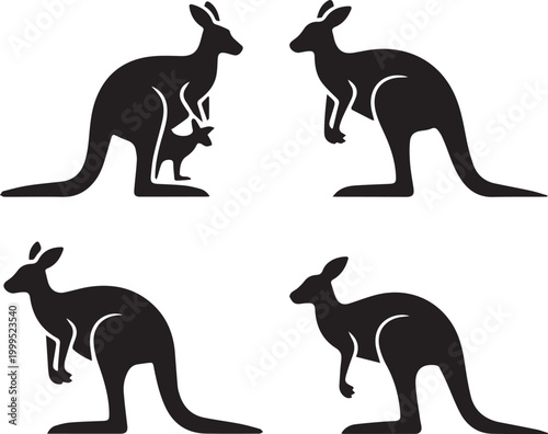 Australian kangaroo silhouette set featuring different standing poses