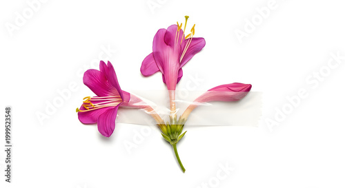 Billede på lærred Beautiful pink flower with yellow stamens on a stem taped on white background
