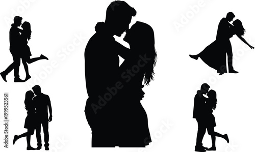 Couple silhouettes embracing and dancing romantic black and white