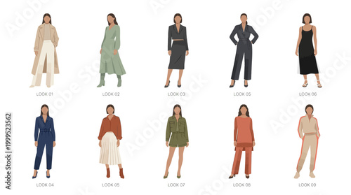 Fashion illustration of a woman in various stylish outfits, showcasing modern fashion vector designs and trendy clothing illustrations on a clean white background.