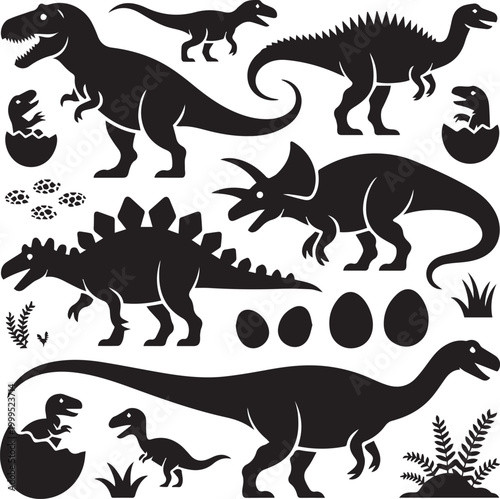 Detailed dinosaur silhouette set with eggs nest and various species