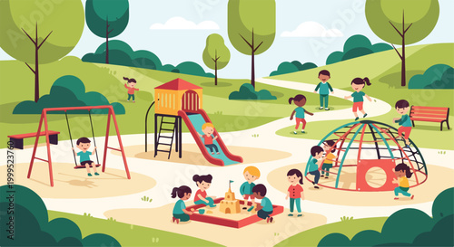 Children Playing in Green Park Playground Vector Illustration