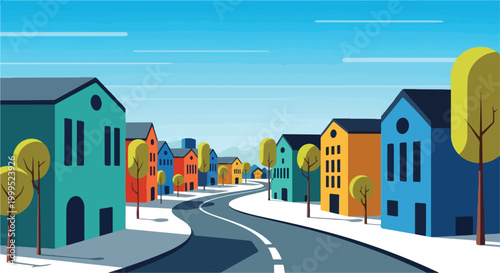 Colorful Suburban Neighborhood Street with Modern Houses Vector Illustration