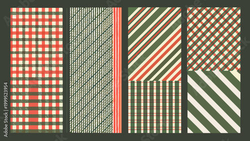 Four patterned fabric swatches with red and green plaid designs