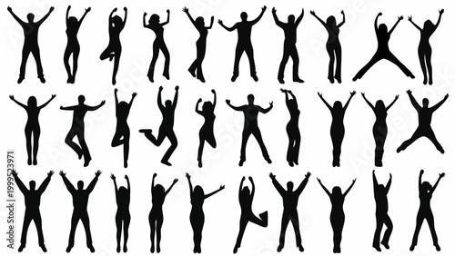 collection of people silhouettes in celebratory poses against a white background