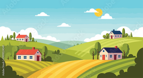 Rural Landscape with Green Hills, Farmland, and Houses Vector Illustration