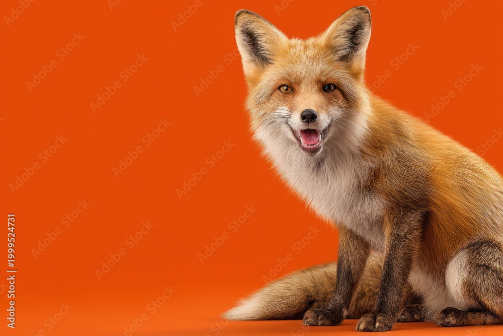 Fototapeta premium Playful smiling fox on solid orange background