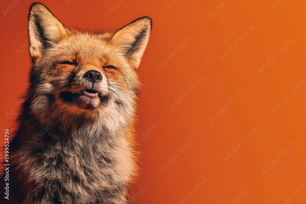 Fototapeta premium Cheerful fox in studio with orange background