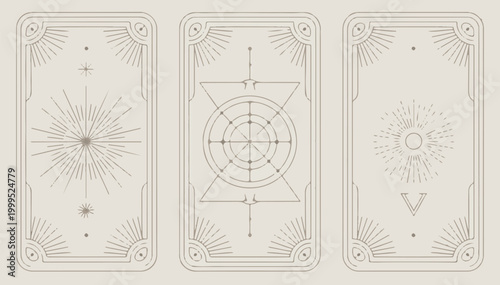 Elegant Tarot Card Set with Mystical Sun and Geometric Celestial Symbols in Line Art Style