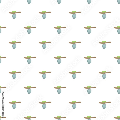 Cocoon chrysalis hanging from a branch with a green leaf creating a seamless pattern
