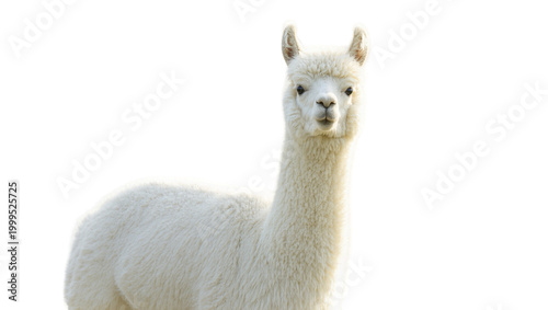 Foto White fluffy Alpaca portrait with long neck and ears