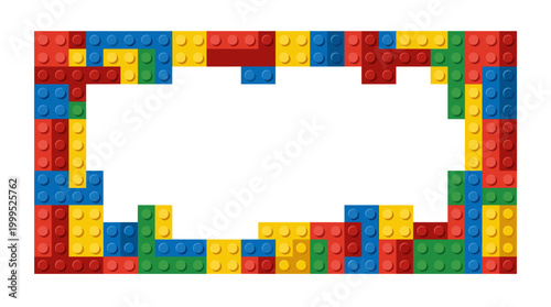 Interlocking toy brick border stacks vivid primary blocks into a playful construction frame where studded red yellow blue and green pieces spark childhood creativity and modular fun
