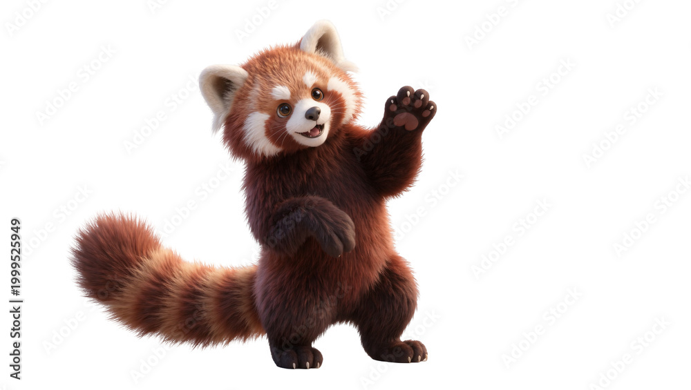 Obraz premium Red fluffy baby panda raising paw in playful gesture