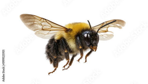 Fuzzy black and yellow Bumblebee with outstretched wings and hairy legs